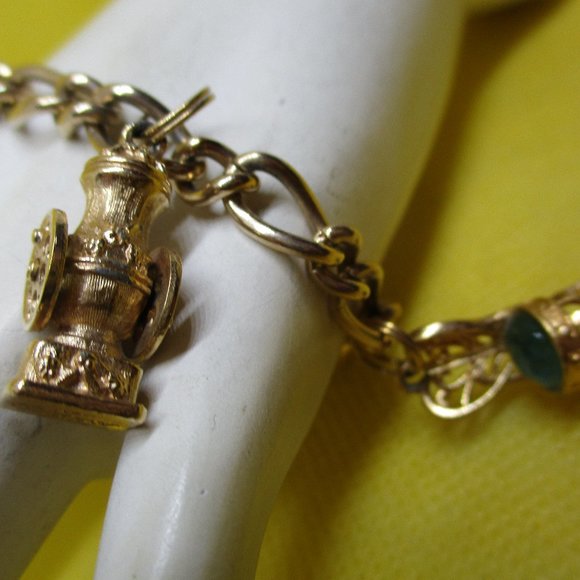 Avon Gold Tone Charm Bracelet Owl Telephone Chair Coffee Grinder Liberty Bell - Picture 4 of 10